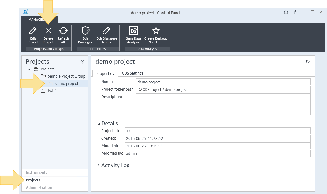 Remove a project (Control Panel)