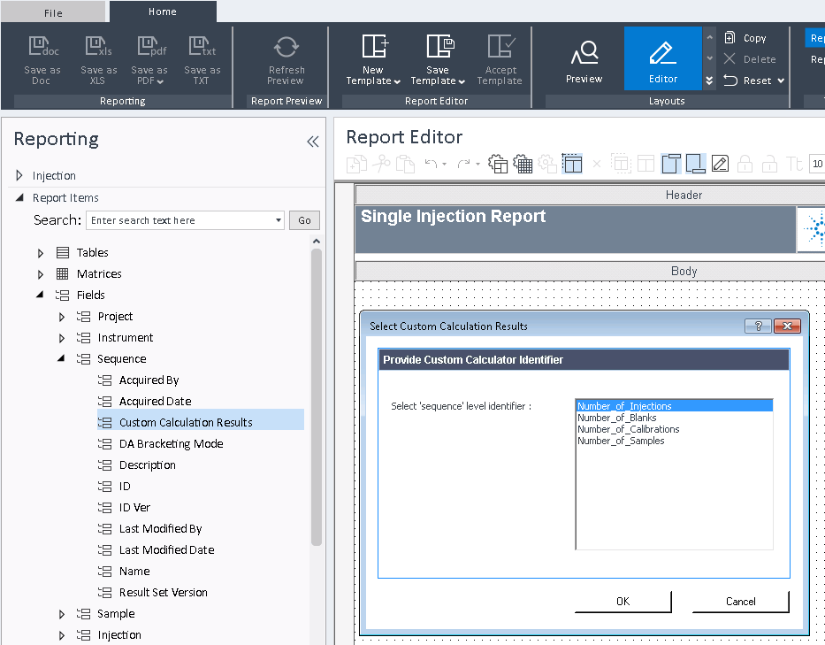 Select Custom Calculation Results dialog